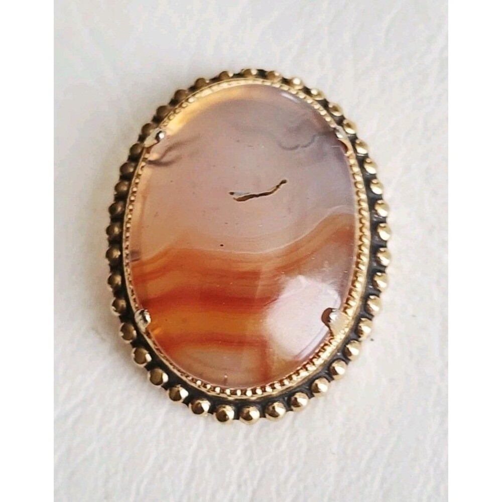 Vintage Gold Tone Frame Banded Agate  Stone Brooch 1.25"